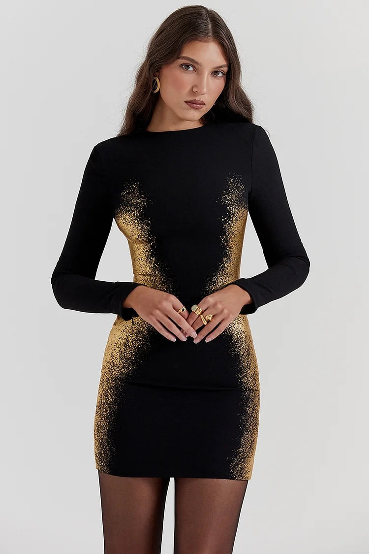 Long Sleeve Bronzing Pattern Bodycon Party Mini Dresses-Black