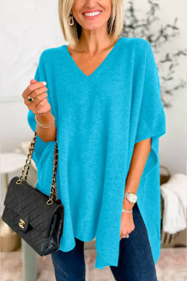 V Neck Loose Fit Solid Poncho Sweater