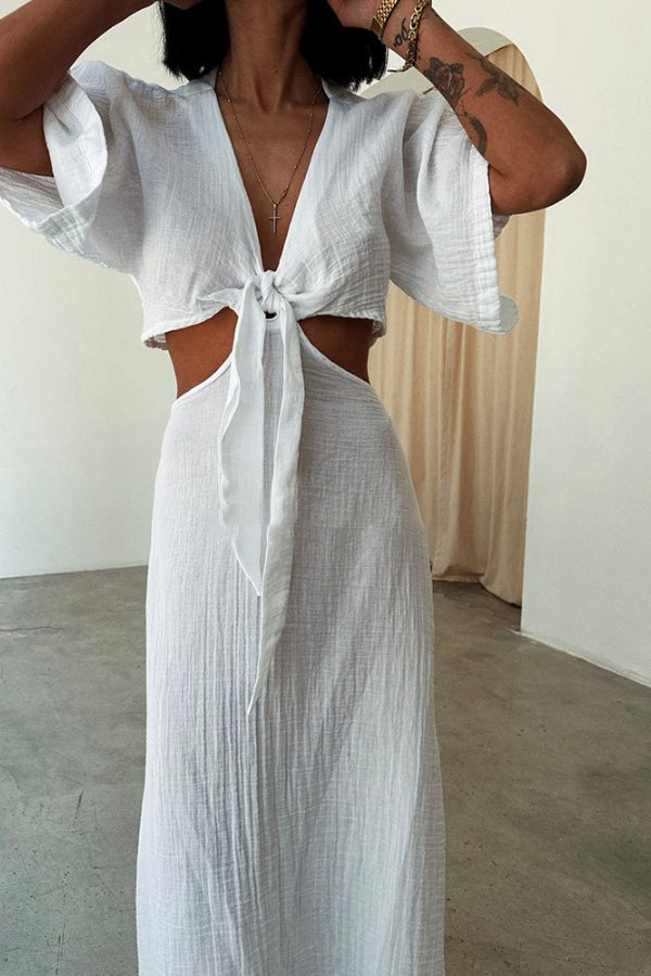 Lace-up Exposed Waist Cotton and Linen Dress