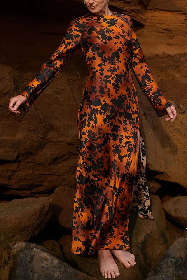 Decorate Autumn Satin Printed Long Sleeve Slit Loose Maxi Dress