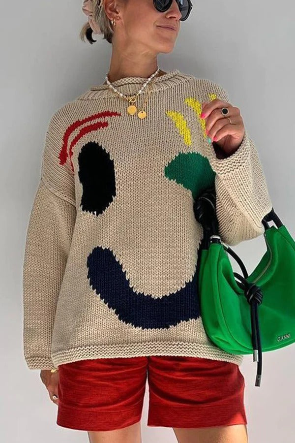 FEEL GOOD KNIT COLORFUL SMILEY FACE LOOSE PULLOVER SWEATER