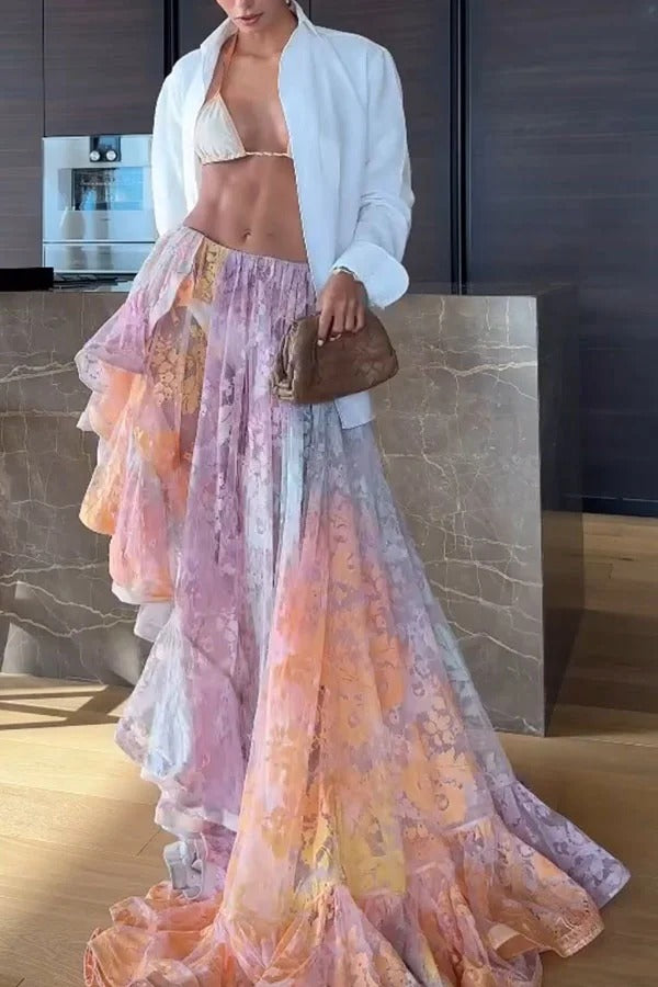 Tesley Lace Gradient Print Elastic Waist Irregular Ruffles Maxi Skirt