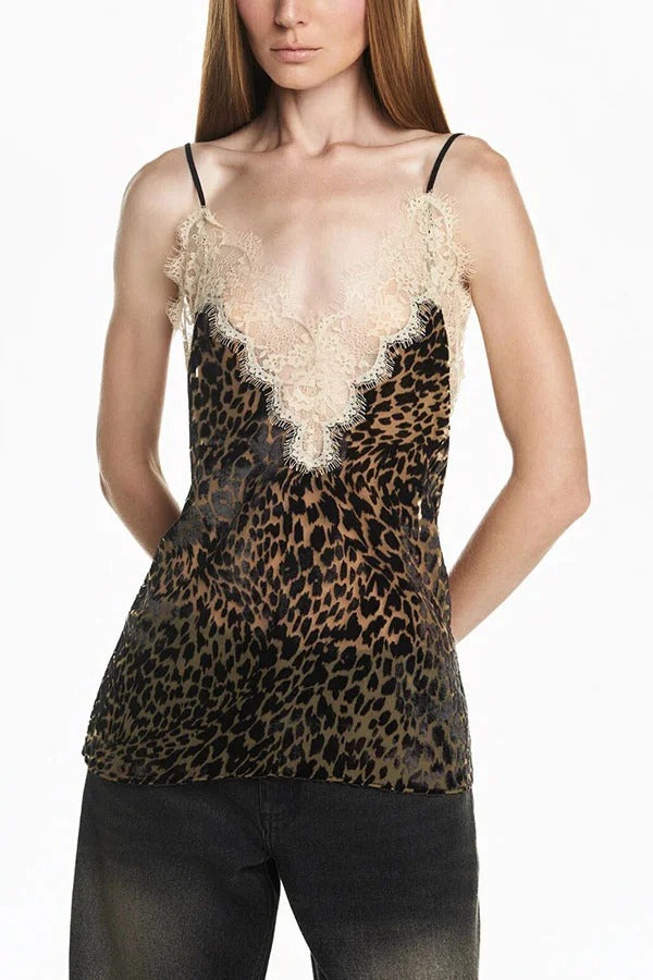 Wild Charm Leopard Print Lace Trim Spaghetti Strap Loose Tank