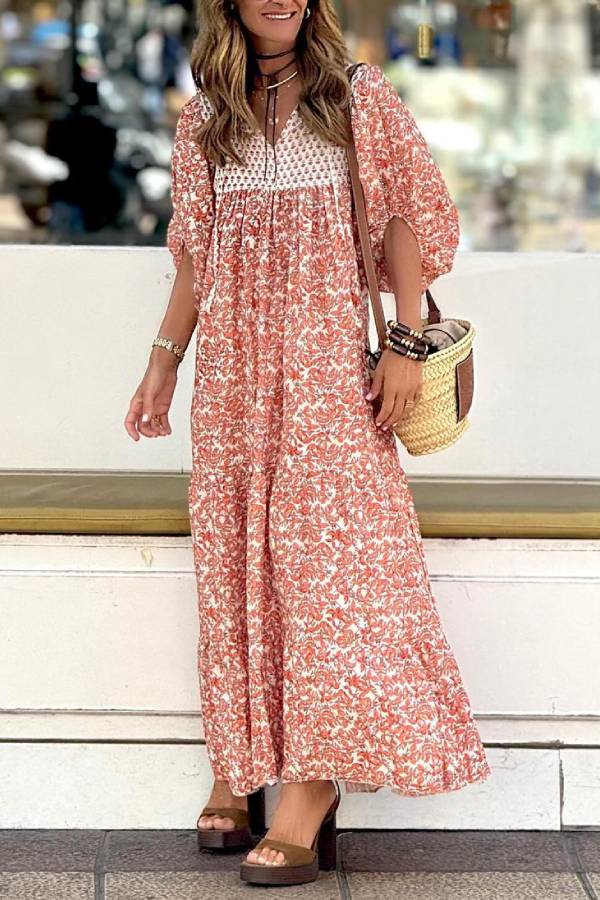 Boheme Lifestyle Printed Puff Sleeve Loose Maxi Dress