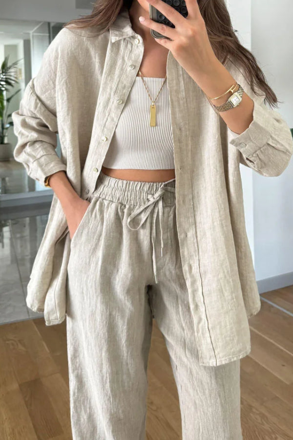 Casual Cotton Linen Shirt & Cropped Pants Two-Piece Set