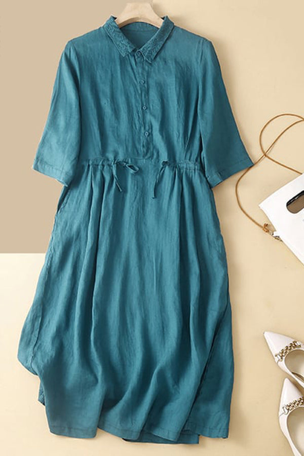 Cotton And Linen Solid Color Shirt Collar Retro Style Dress