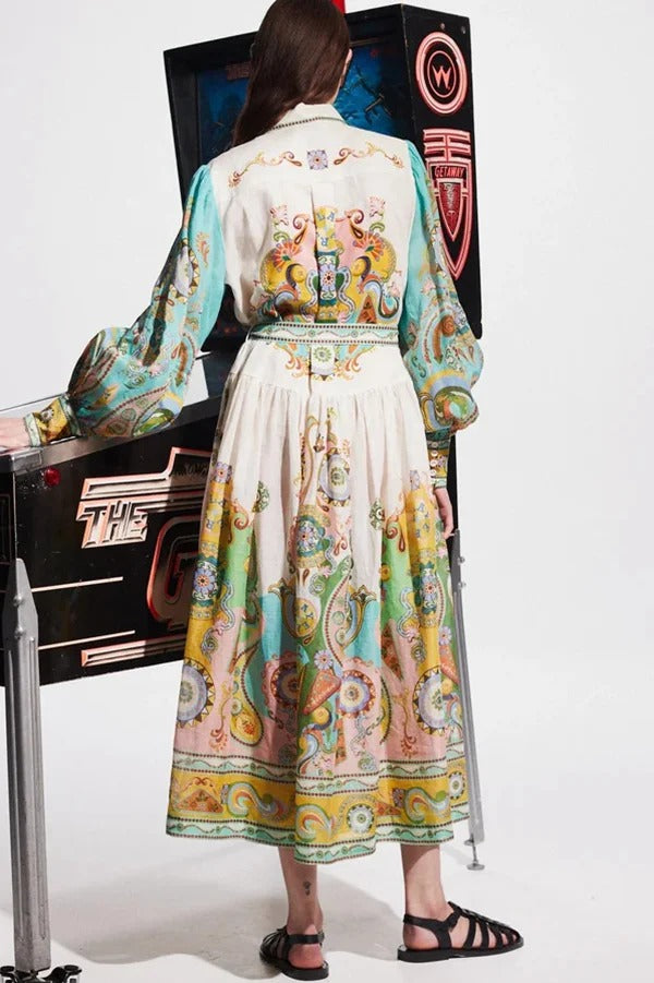 Travel Around The World Unique Print Balloon Sleeve Belt Shirt Midi Dress