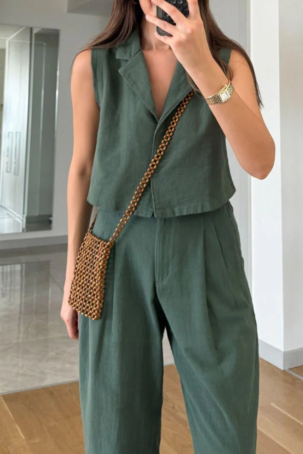 Casual Solid Lapel Vest & Pants Cotton Linen Two-piece Set