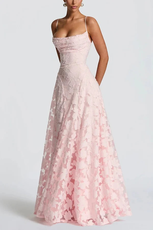 Francis Custom Floral Burnout Fabric Cowl Neck Back Lace-up Maxi Dress