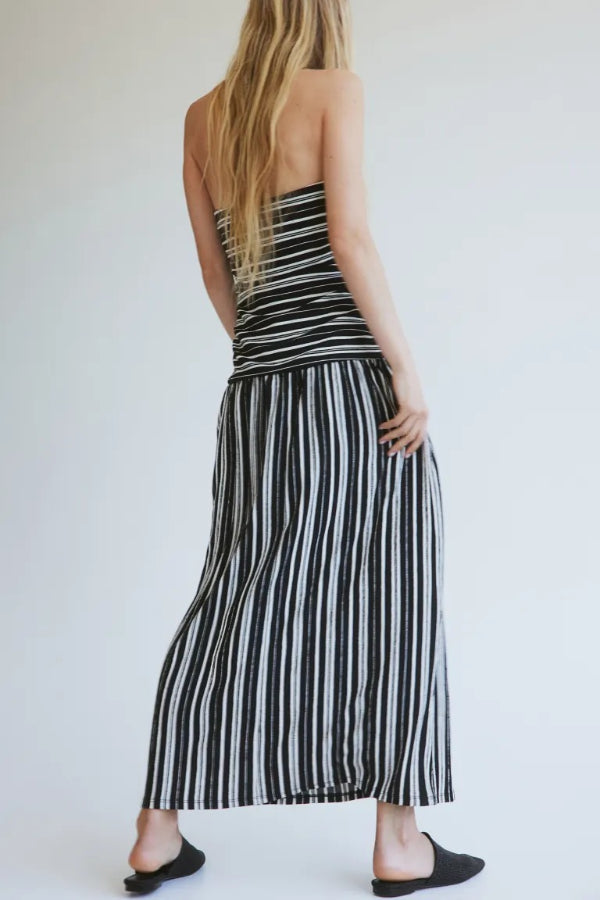 Simple Sexy Striped Ruched Detail Bandeau Stretch Maxi Dress