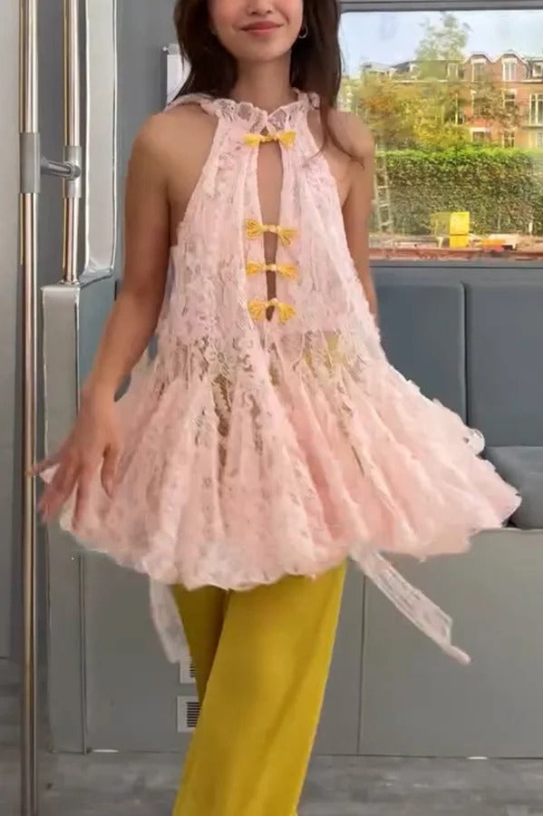 Cheongsam Style Lace Stand Neck Knots Button Ruffle Flare Hem Top