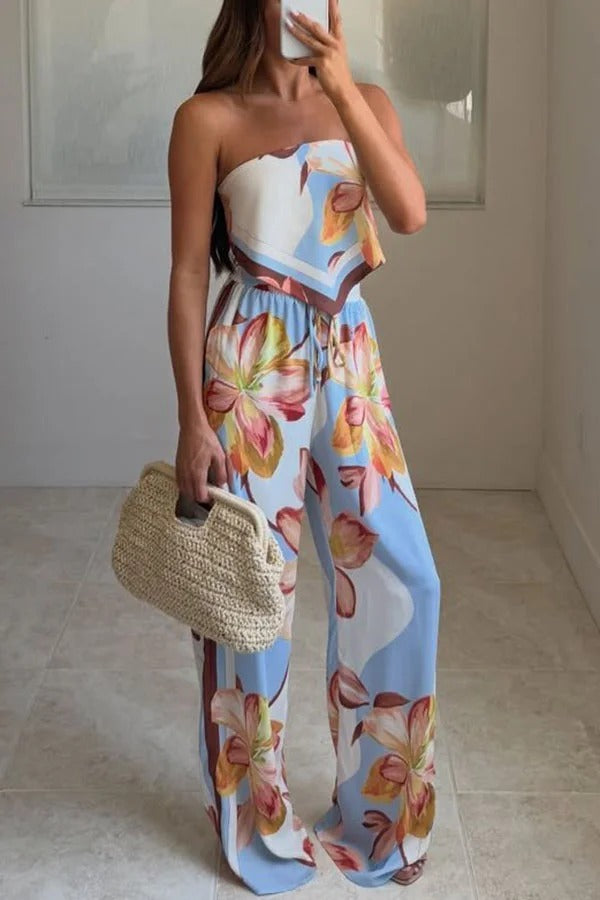 Shades of Cornflower Printed Bandeau Crop Scarf Top and Elastic Waist Pocket Wide Leg Pants Set