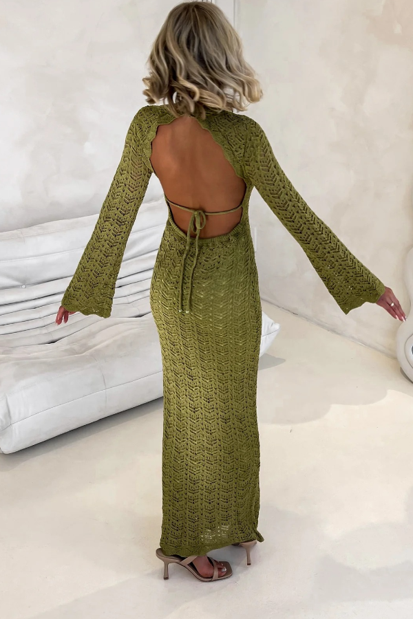 Avie Knit Textured Fabric Backless Tie-up Long Sleeve Stretch Maxi Dress