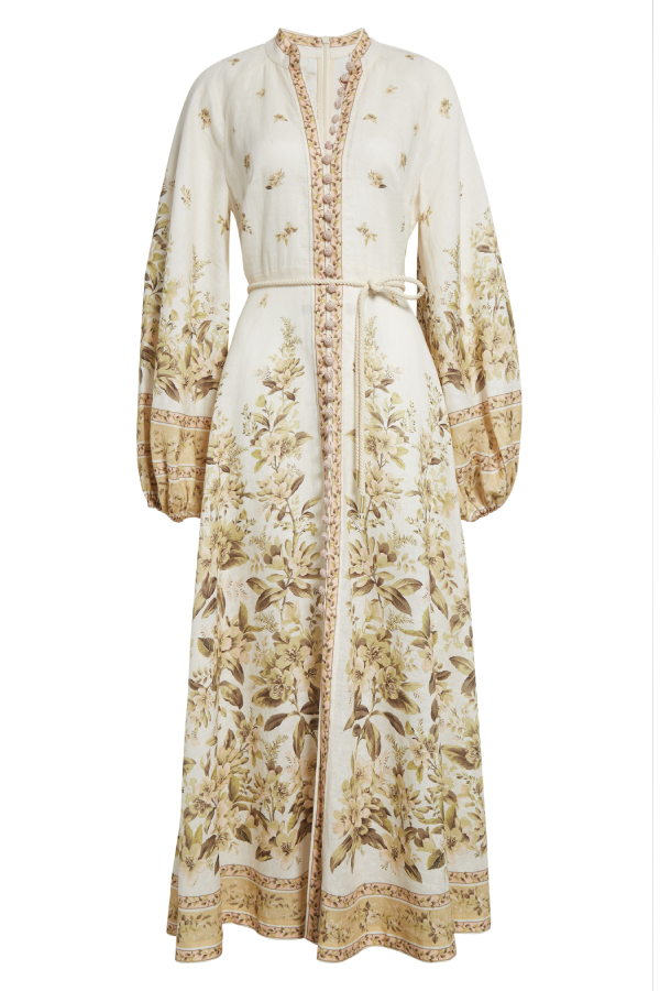 Golden Floral Long Sleeve Buttoned Linen Dress