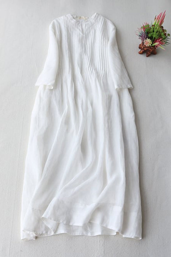 Elegant Pleated Loose Cotton Linen Dress