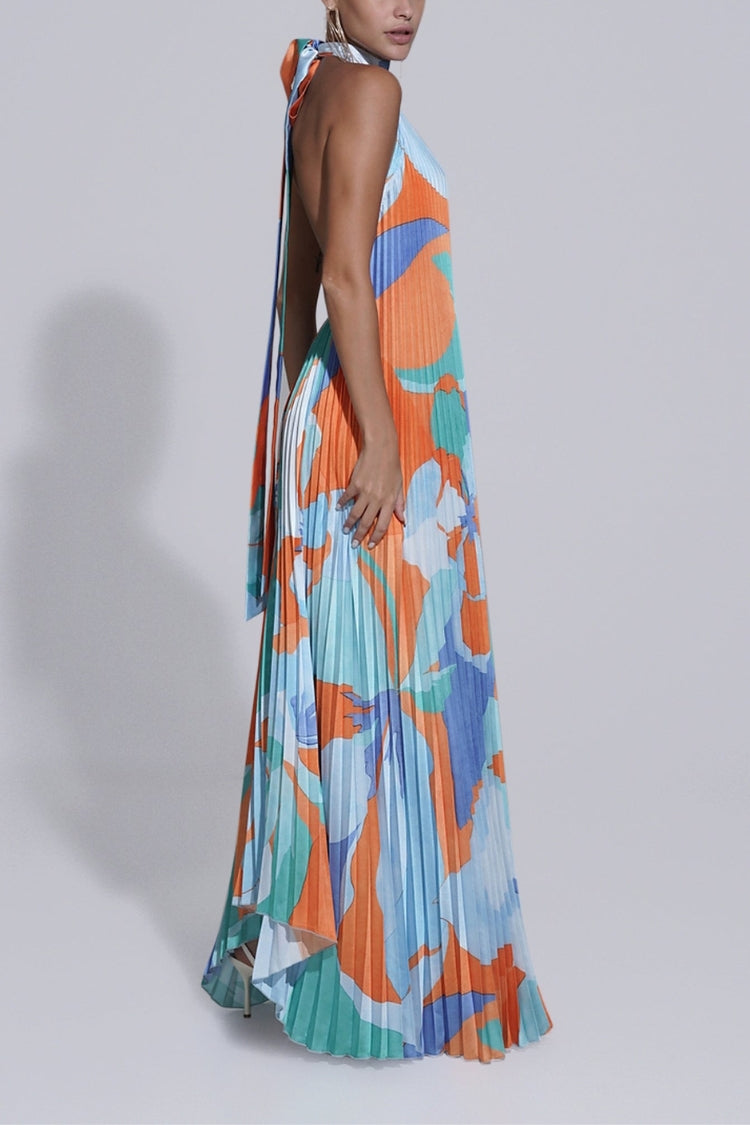 Opera Pleated Colorblock Camouflage Print Cutout Halter A-line Maxi Dress