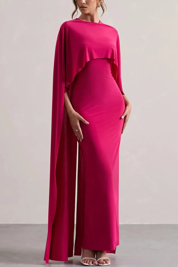 Charming Look Crew Neck Cape Sleeve Stretch Maxi Dress