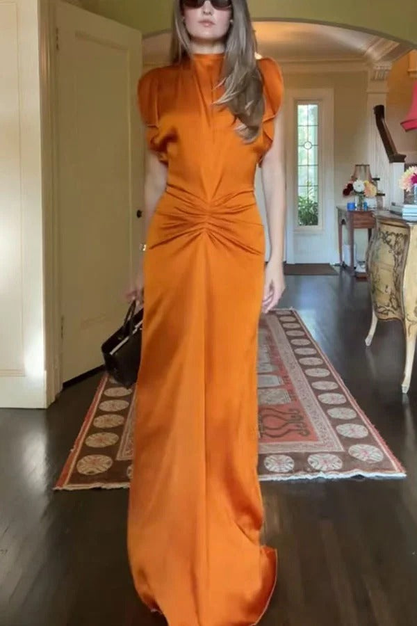 Isabella Satin Short Sleeve Ruched Waist V-shape Back Gown Maxi Dress