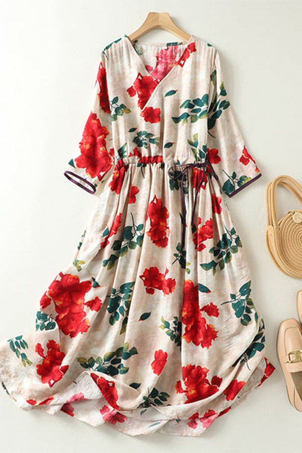 Elegant Printed V-Neck Waist Up Dress