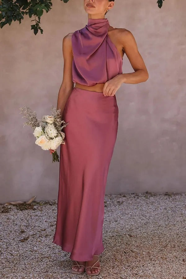 Such A Vibe High Neck Satin Drape Maxi Skirt Set