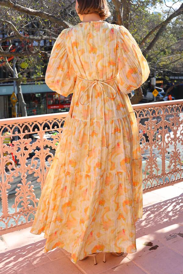 Ochre Cloud V-neck Loose-fitting Puff Sleeve Maxi Dress