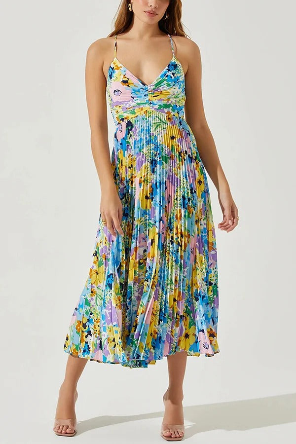 Wedding Party Season Floral Print Pleated Back Tie-up Midi Dress