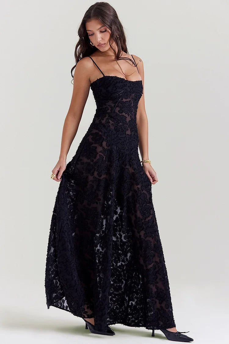 Floral Jacquard Lace Gothic Party Flowy Slip Maxi Dresses