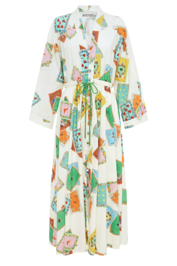 Poker Card Print Tie-Waist Long Shirt Dress