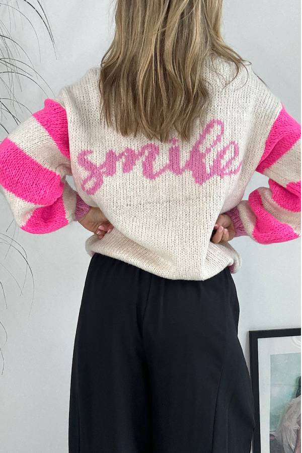 Positivity and Warmth Knit Happy Face Contrast Color Loose Sweater