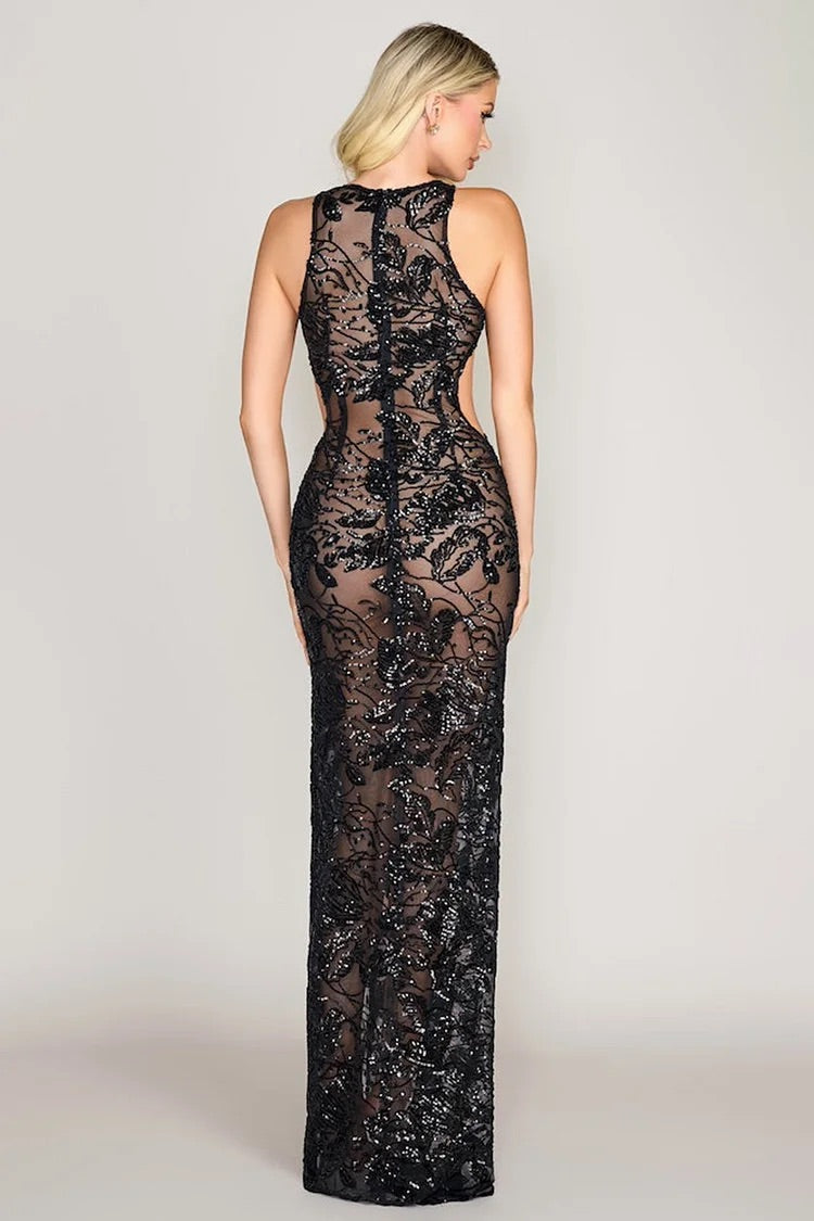 Sequin Lace Up High Slit See-Through Maxi Tank Dresses-Black