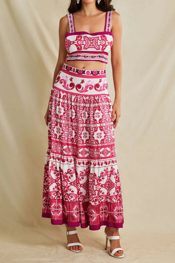 Unique Printed Sexy Sling Tank and Elastic Waist Large Hem Maxi Skirt Set