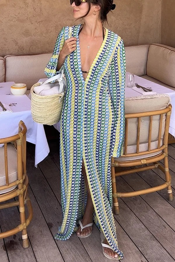 Bondi Beach Knit Colorful Wave Print Long Sleeve Vacation Maxi Dress