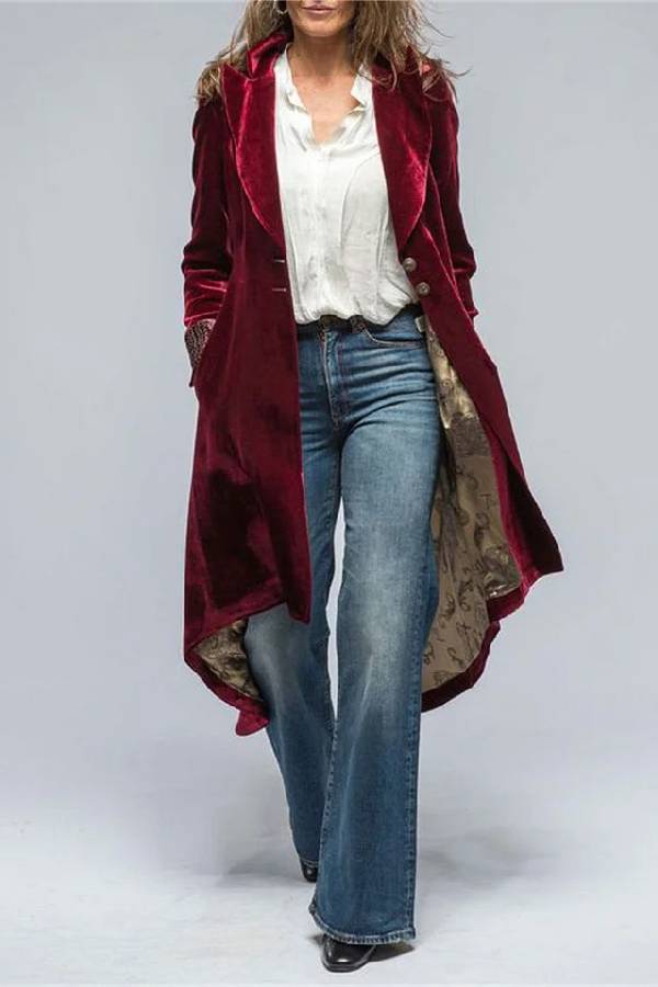 Vintage Velvet Long Loose Pocket Slit Coat