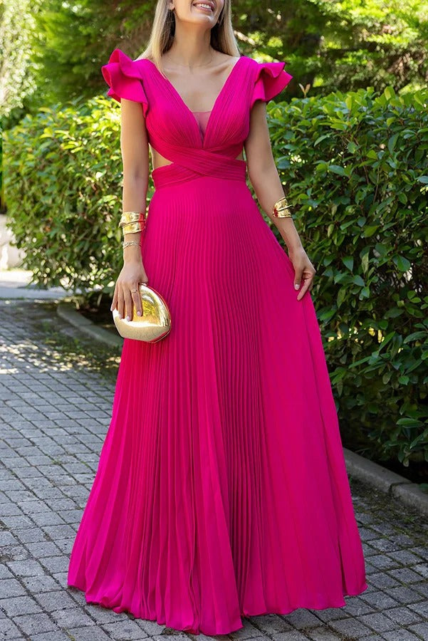 Seville Pleated Layered Ruffle Sleeve Cutout Back Lace-up Maxi Dress