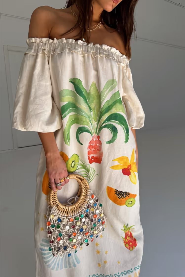 Sunveil – Trägerloses Maxikleid aus Leinenmischung mit einzigartigem Druck, Puffärmeln und Tasche