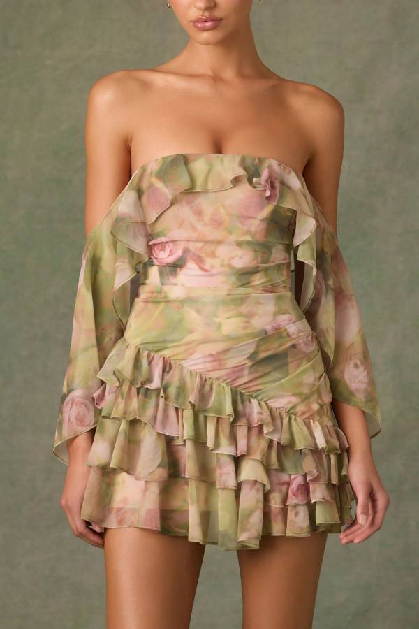 Chiffon Floral Print Elegant Multi-Layered Ruffle Mini Dress