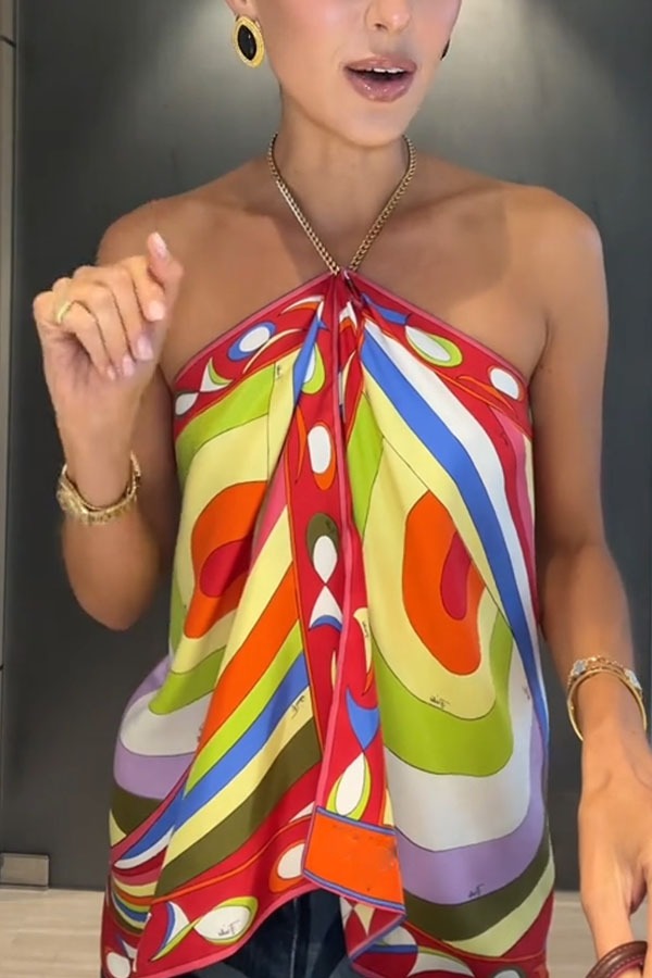 Artistic Girl Satin Unique Print Metal Chain Halter Draped Scarf Tank