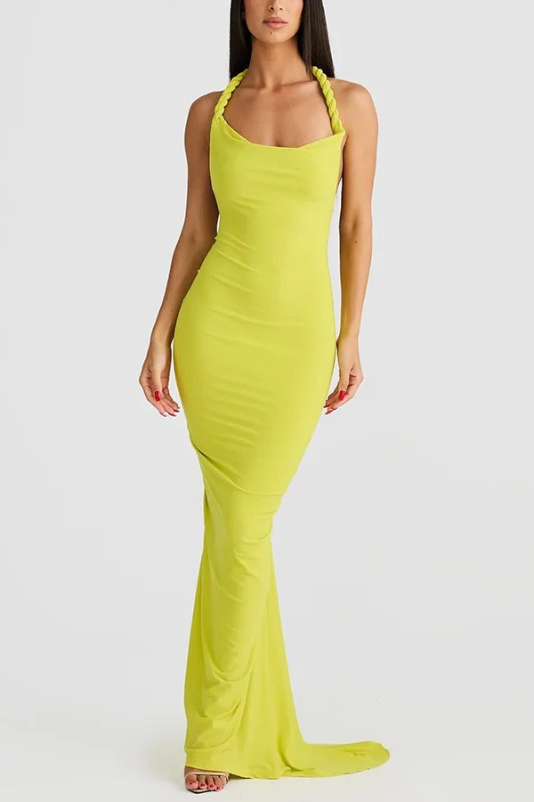 Sexy Halter Neck Open Back Ruched Slim Fit Maxi Dress