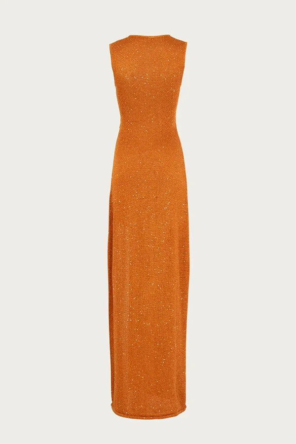 Schöne Figur Glänzender Strickstoff Ausschnitt Seitenschlitz Stretch Urlaub Maxikleid