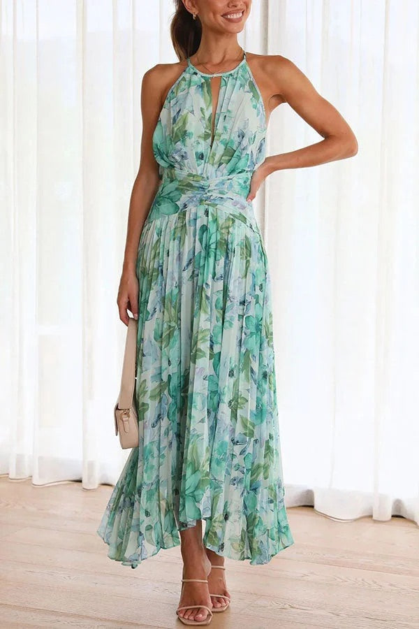 Sunny Forecast – Plissiertes Midikleid mit Blumenmuster und Cut-Out-Ausschnitt 