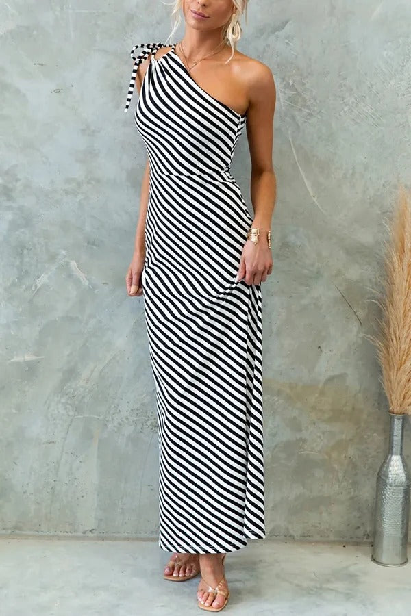 Stylish Striped Print One Shoulder Slope-neck Maxi Dress