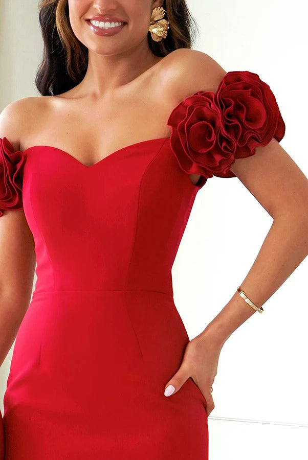 My Type Flower Detail Sweetheart Neck Strapless Slit Midi Dress