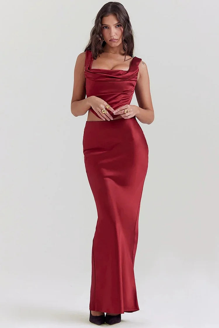 Square Neck Lace Up Sleeveless Top Bodycon Satin Maxi Skirt Formal Party Matching Set-Red