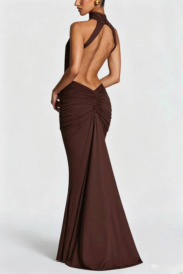Thekla Stretch Slinky Jersey High Neck Ruched Backless Drape Maxi Dress