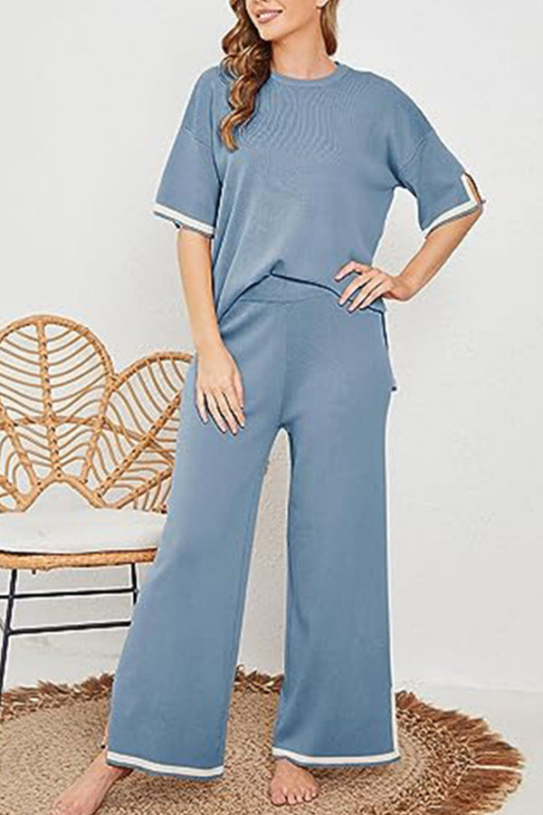 Lounge or Casual Wear Knit Patchwork Color Block Short Sleeve Top and Elastic Wide Leg Pants