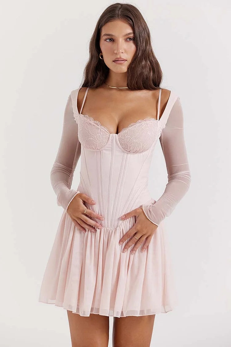 Mesh Long Sleeve Corset A-Line Pleated Ballet Style Mini Dresses