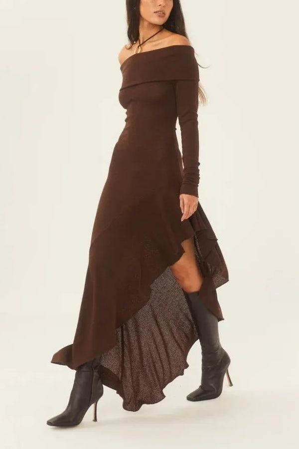 Temperament Off Shoulder Long Sleeve Irregular Hem Stretch Maxi Dress