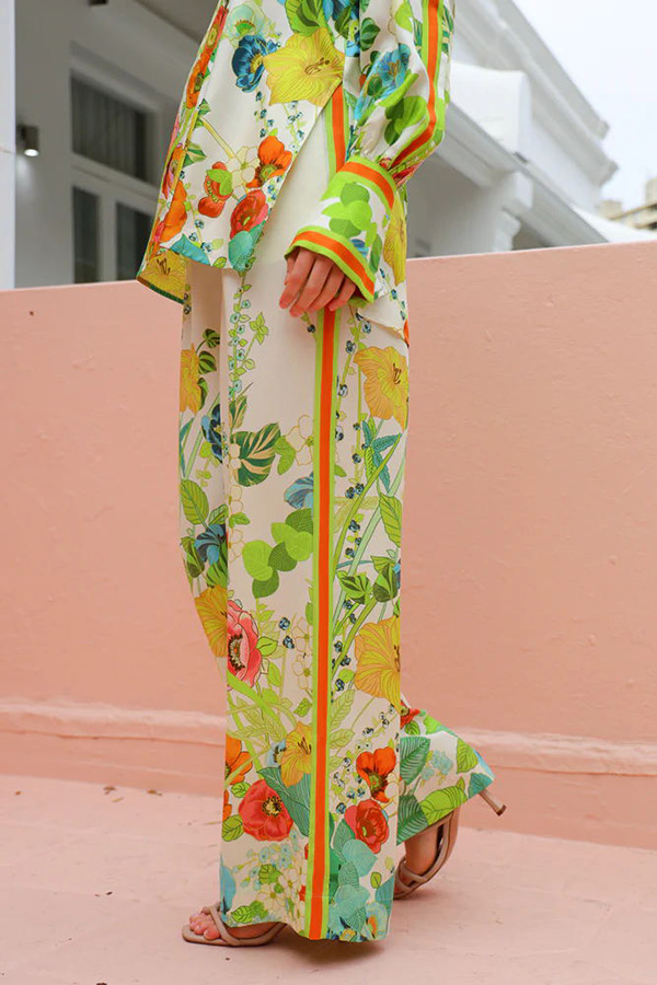 Satin Floral Print Back Elastic Waist Pocketed Wide Leg Pants