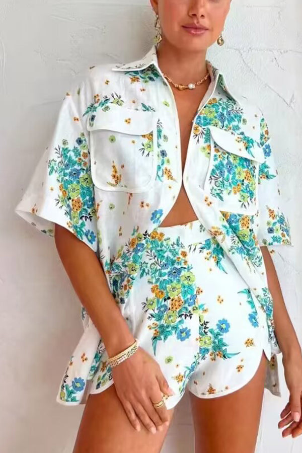 Carefree Linen Blend Floral Print Ivory Trim Pocketed Blouse and Back Elastic Shorts Set