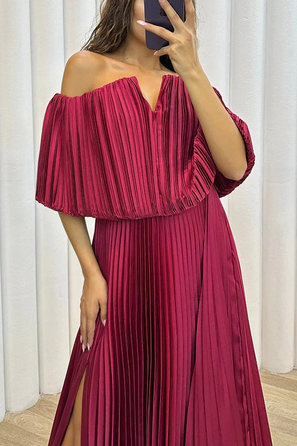 Shelley Pleated Off Shoulder Elastic Waist Slit Maxi Dress